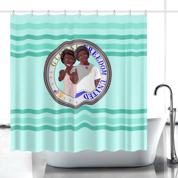 Quick-drying Shower Curtain GLOBAL FREEDOM UNITED© Couple USA Afro American Light Green For Sale