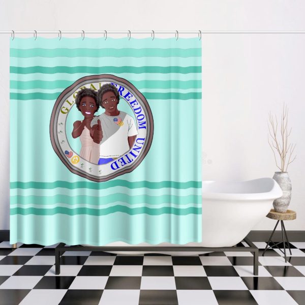 Quick-drying Shower Curtain GLOBAL FREEDOM UNITED© Couple USA Afro American Light Green For Sale