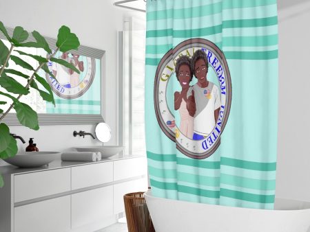 Quick-drying Shower Curtain GLOBAL FREEDOM UNITED© Couple USA Afro American Light Green For Sale