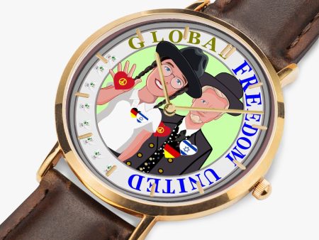 GLOBAL FREEDOM UNITED© Hot Selling Ultra-Thin Leather Strap Quartz Watch (Rose Gold With Indicators) Men Israel & Germany on Sale