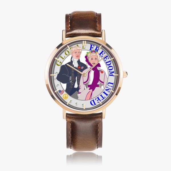 GLOBAL FREEDOM UNITED© Couple USA Georg Washington - Hot Selling Ultra-Thin Leather Strap Quartz Watch (Rose Gold With Indicators) For Sale