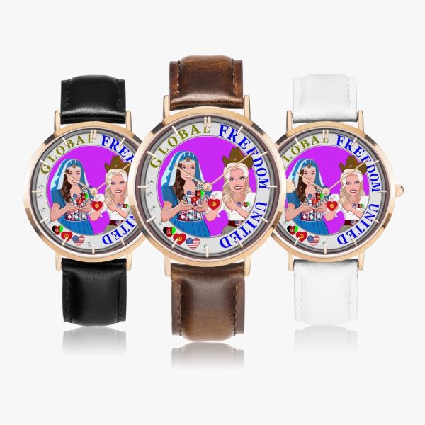 GLOBAL FREEDOM UNITED©  Hot Selling Ultra-Thin Leather Strap Quartz Watch (Rose Gold With Indicators) Women Afghanistan & USA Online now